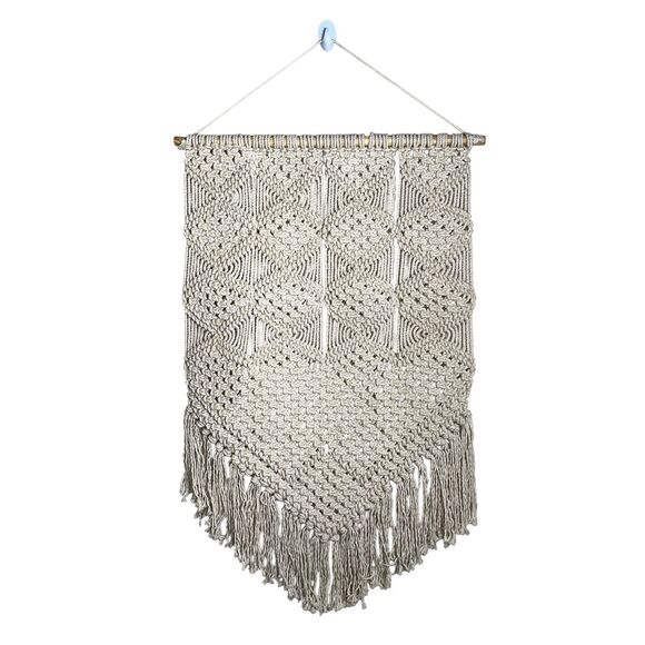 Boho Macramé Wall Hanging 33 X 20 | Woven Art Tapestry | Neutral Fringe Decor - Picture 4 of 5